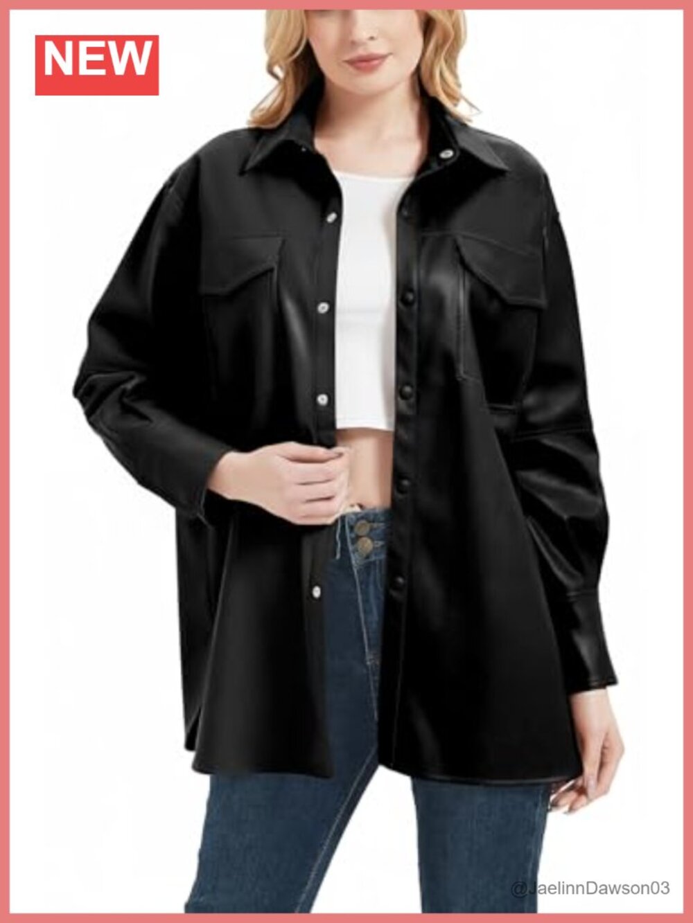 Faux Leather Shacket Button Down Relaxed Fit Vegan Leather Jacket